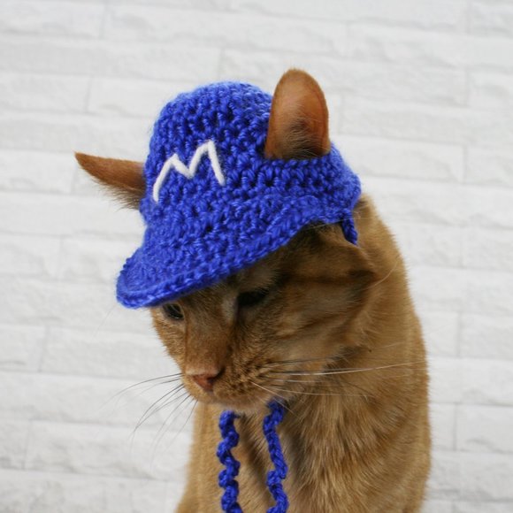 HAND CRAFTED Baseball Cat Hat Visor Crochet Hairy Wig Costume Photo Prop - Picture 6 of 12